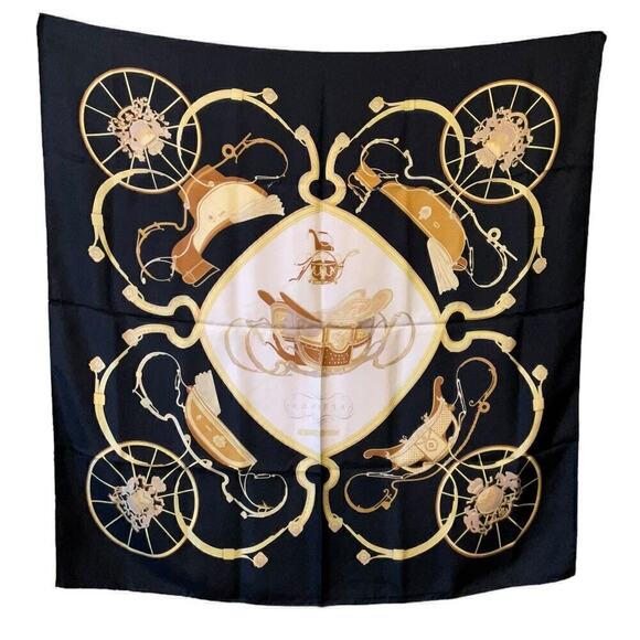 Hermes Vintage Vintage Silk Scarf 'Springs' 100% Silk 90cm Square Black Gold - Picture 13 of 16